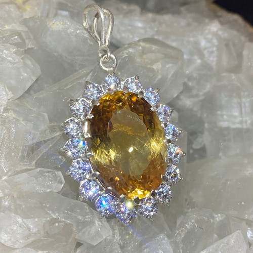 Silver pendant with large cut citrine stone and moissanites, new