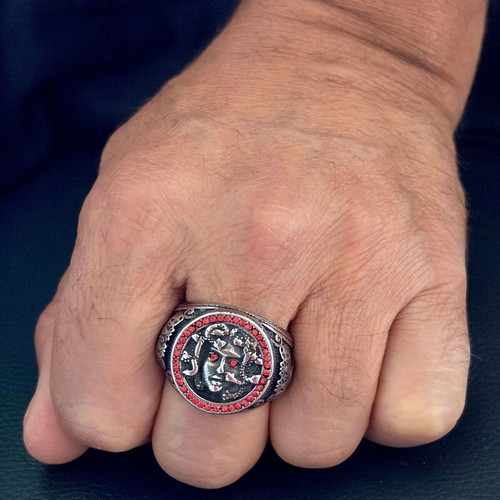 Medusa Gorgon ring, 316L stainless steel with red cubic zirconia