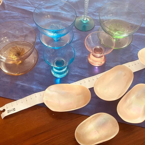 Crystal glasses and mother of pearl vintage bowls like new, set of 11 pieces