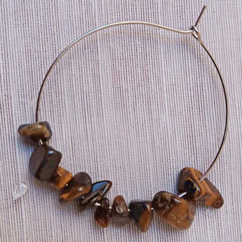 Tiger's Eye Stone Hoop Earrings new, beige and brown