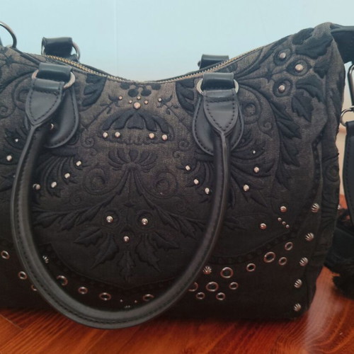 Desigual black grey denim crossbody bag used with embroidered flowers and studs