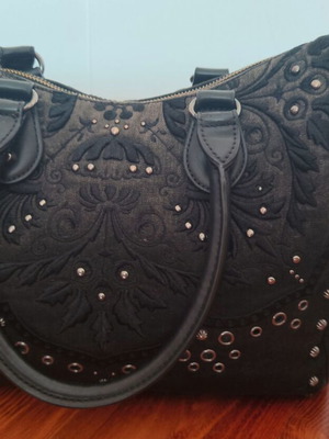 Desigual black grey denim crossbody bag used with embroidered flowers and studs