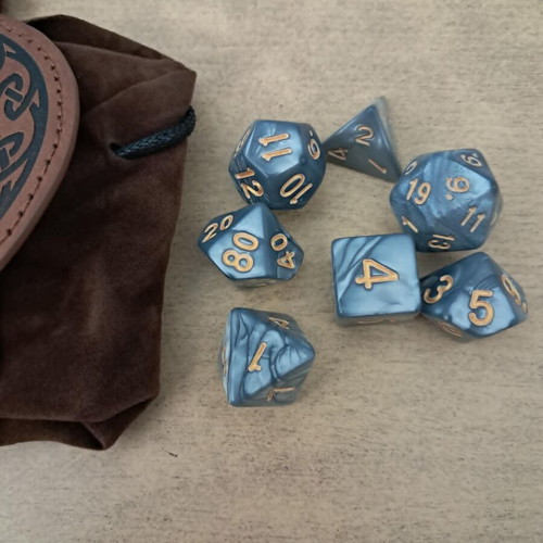 Runic dice bag with grey marbled D&D dice set
