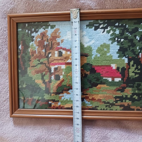Embroidered textile painting in frame like new, house in forest