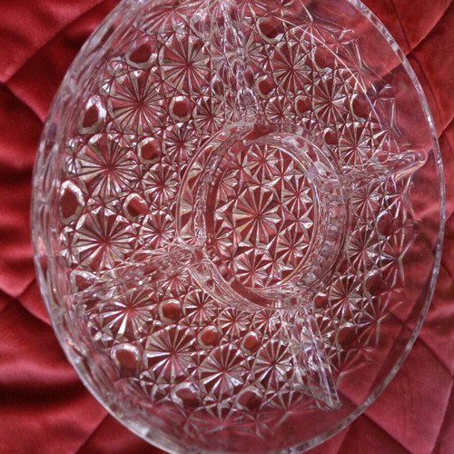 Crystal round serving platter with five sections and intricate embossed design, new
