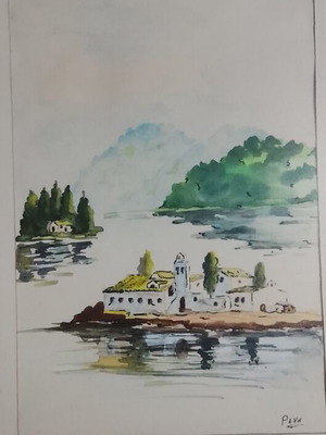 Акварелна картина с паспарту и стъкло, 39x31 см