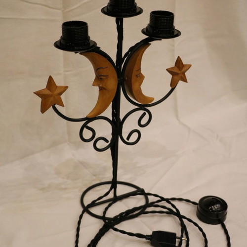 Vintage lamp with 3 Edison bulbs and carved moon designs