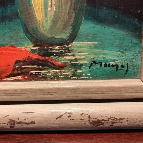 Manos Zacharakis oil painting used, Red Flowers in Green Vase