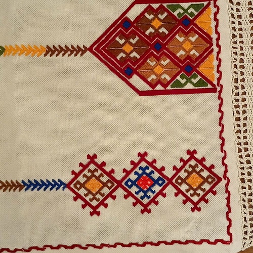 Handmade embroidered table runner with traditional Cretan design like new