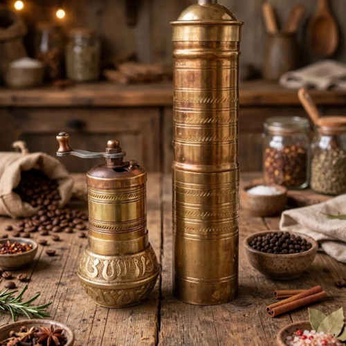 Vintage brass spice and coffee grinder set 2 pieces 1960s Ottoman style
