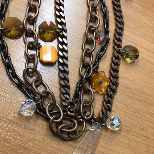 Handmade chain belt with crystals, diameter 1m, used, beige and brown