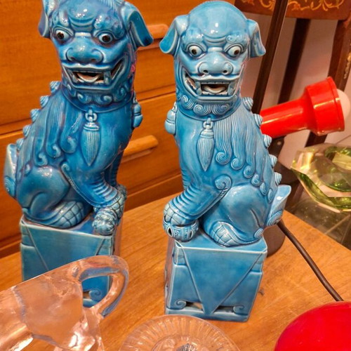 Antique Chinese Turquoise Blue Porcelain Foo Dogs 31 cm, Set of 2