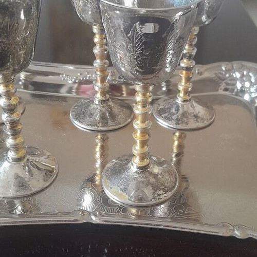 Vintage silver-plated tray with 5 liqueur glasses