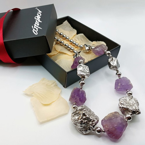 Silver 925 necklace new with amethyst minerals 59 cm, plated platinum