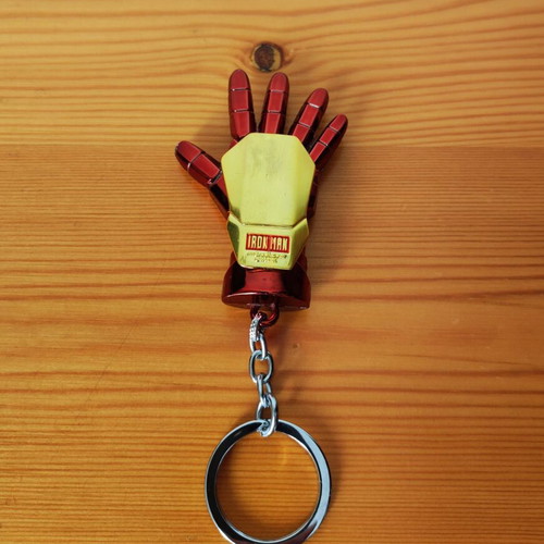 Iron Man 3D metal keychain, gold and red gauntlet, Marvel Avengers collectible
