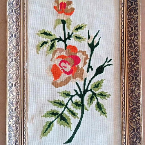 Embroidered rose artwork handmade in golden frame used