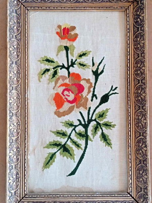 Embroidered rose artwork handmade in golden frame used