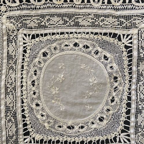 Handmade Tutone lace table runner with butterfly and cherub