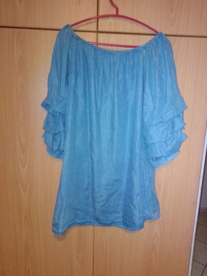 Денимова блуза рокля ZARA употребявана с къдрици на ръкавите, синя