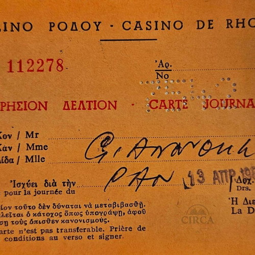 Casino Rhodes Entry Card 1969 like new