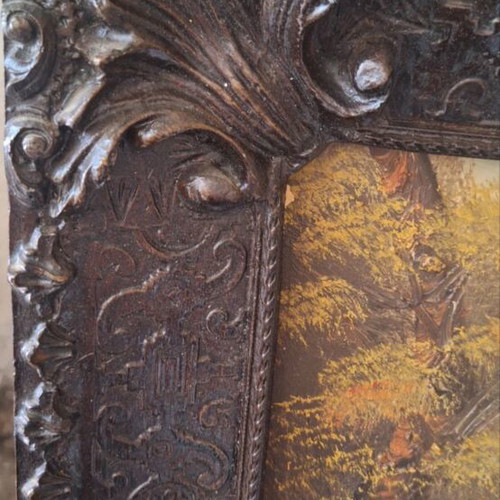 Vintage large painting with embossed technique and ornate frame