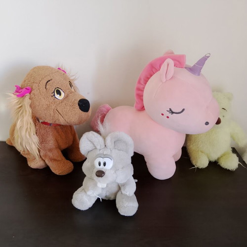 Set of 4 Plush Toys including Interactive Dog with Sound, Unicorn, Winnie & Mouse