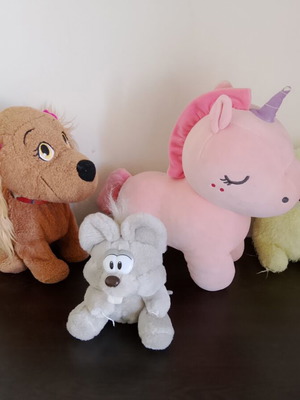 Set of 4 Plush Toys including Interactive Dog with Sound, Unicorn, Winnie & Mouse