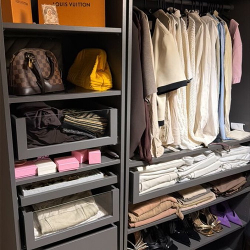 Pax wardrobe grey with drawers and shelves