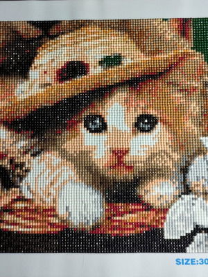 Handmade Canvas Cat with Hat Diamond Art like new