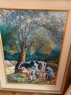 Vintage Ελαιογραφία Το Άρμεγμα σαν καινούργιο, μετα-ιμπρεσιονιστικό στυλ