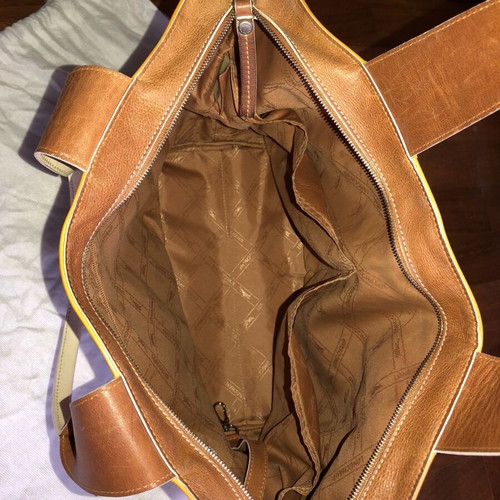 Longchamp shoulder bag used, camel leather with white patent details