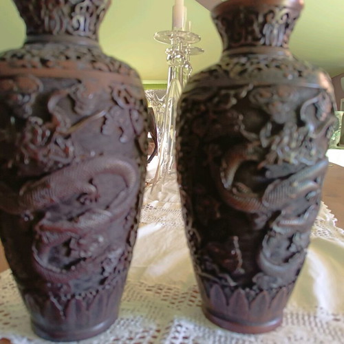 Wooden carved vases like new, solid ebony with dragons and flowers