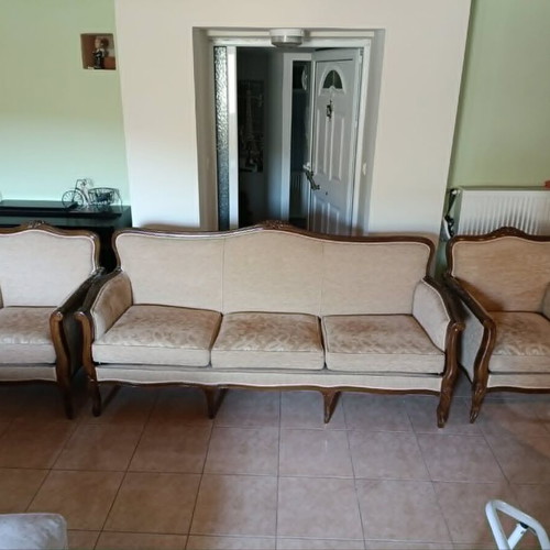 Canadian sofa and 2 armchairs used, cherry wood frame