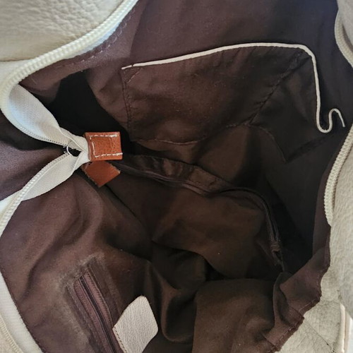 Leather shoulder bag used, large, beige and brown