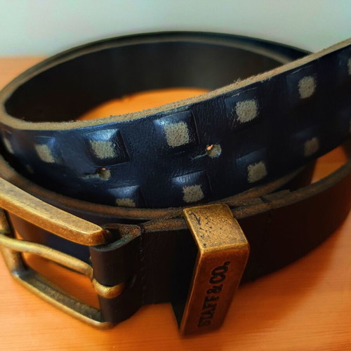 Staff leather belt new, dark brown with stud design and gold buckle