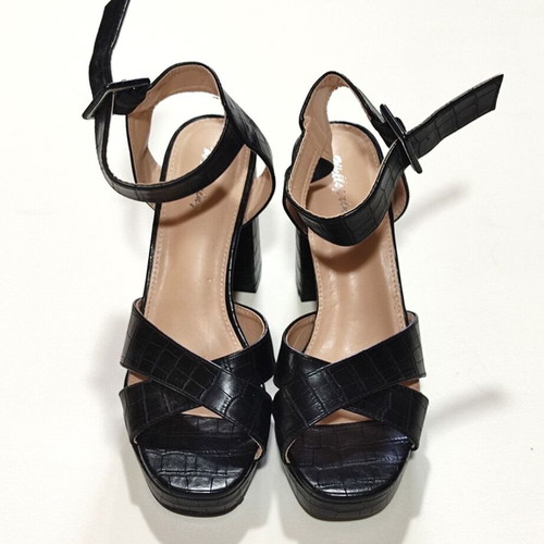 Black Faux Leather Sandals with Thick Sole and 11cm Heel Size 40 New