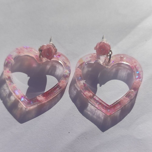 Handmade heart earrings with pink flower, new