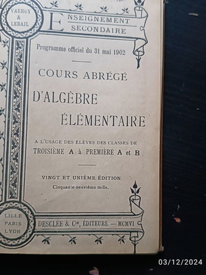Γαλλικό βιβλίο Άλγεβρας 1902 σαν καινούργιο, σκληρό δέσιμο