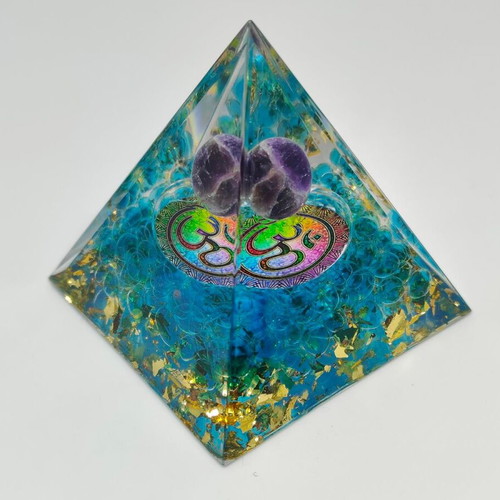 Orgonite pyramid with amethyst and Om symbol like new