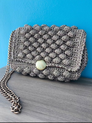 Handmade shoulder bag used, beige with purple threads