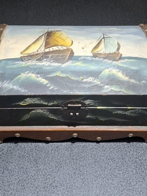 Vintage wooden chest with handpainted seascape 35cm