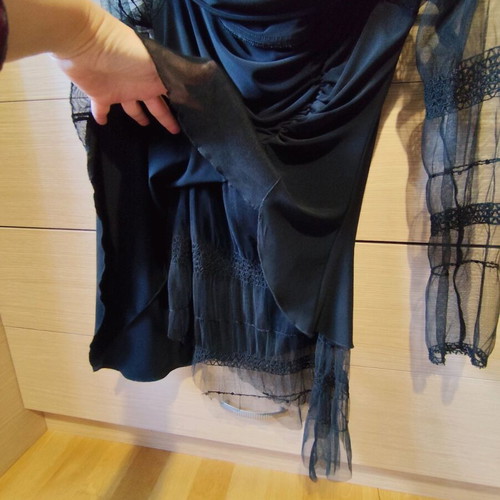 Black blouse with smile neckline and lace sleeves, size M