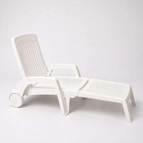 Outdoor garden set with 2 plastic sun loungers, 3 metal stools, and table new