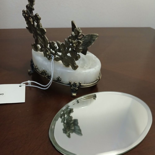 Brass jewelry box with mirror and enamel floral butterfly design