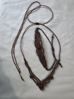 Macrame jewelry set with Indian agate choker and bracelet, new