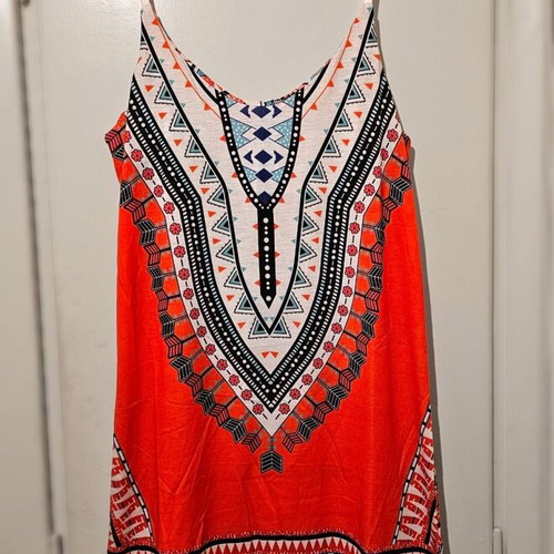 Ethnic style summer short dress, coral white blue, size S/M