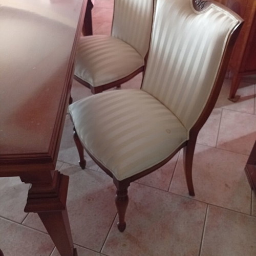 Dining table with six chairs new, one chair fabric needs replacement