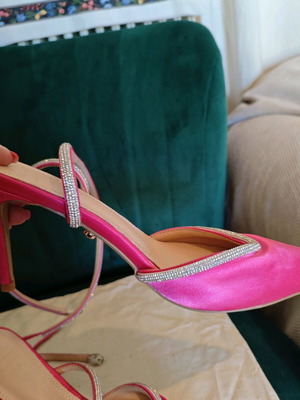 Twenty Fourhaitch ZAHRA fuchsia satin pointed-toe mules with crystal laces brand new