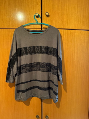 Blouse with airy sleeves dark gray with black and designs new