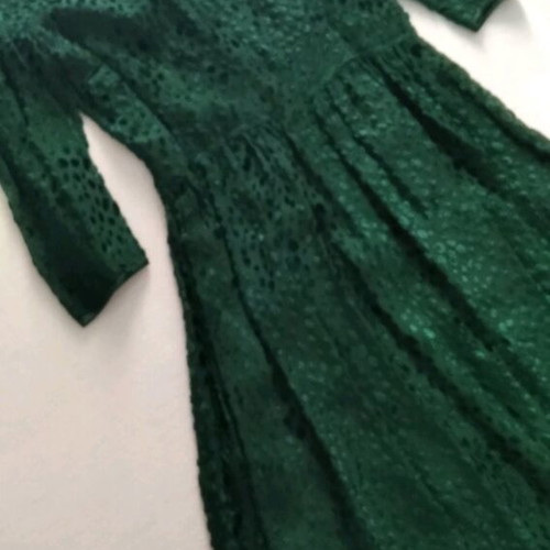 Evening dress refurbished, cypress green, vintage with tulle sleeves